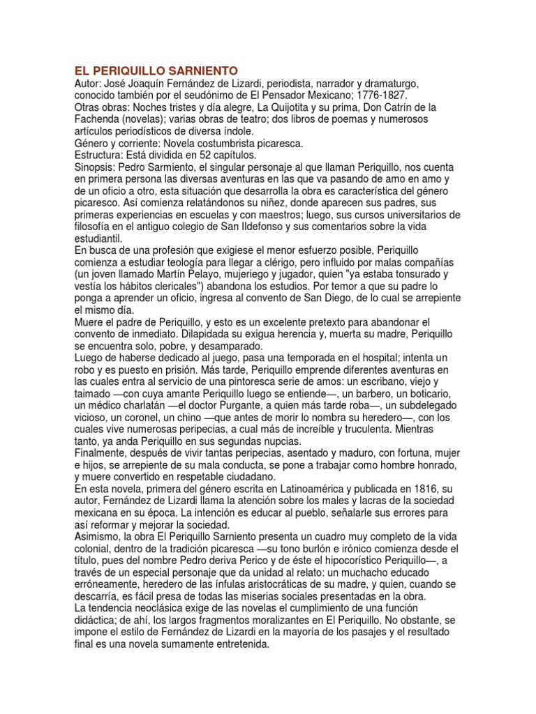 El Periquillo Sarniento: Novela Picaresca | PDF | Novelas