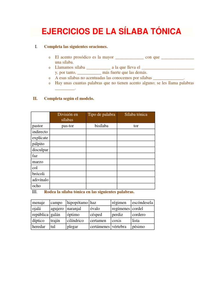 Ejercicios de La Sílaba Tónica | PDF