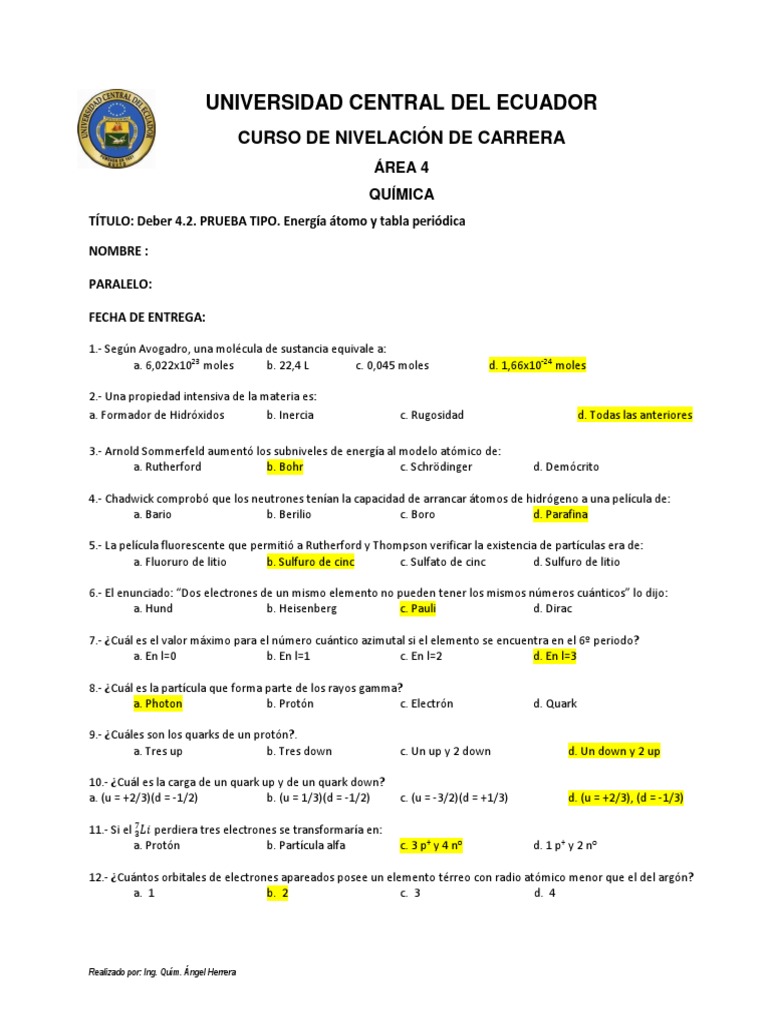 Deber 42 Prueba Tipo Energía átomo Y Tabla Periódica