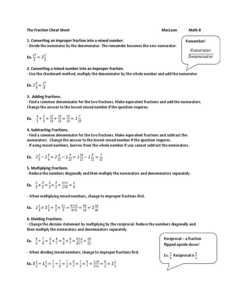 Fraction Operations Cheat Sheet | PDF | Lexicology | Fraction (Mathematics)