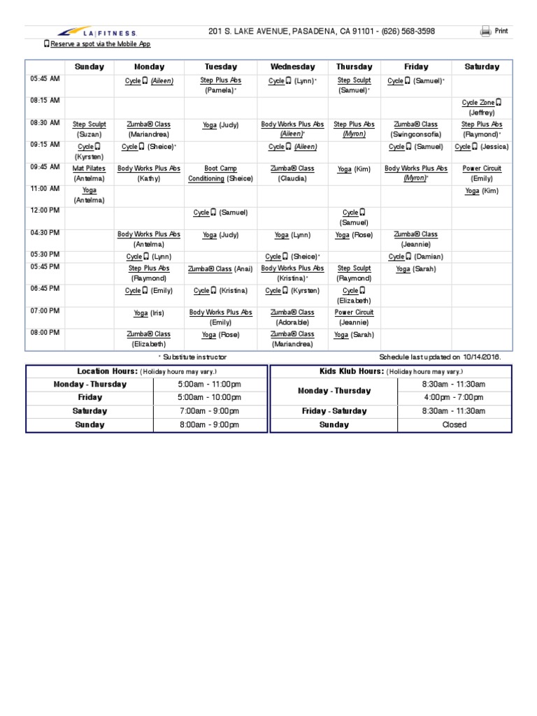 La Fitness Class Schedule (Print Version) - Pasadena - Lake Ave 