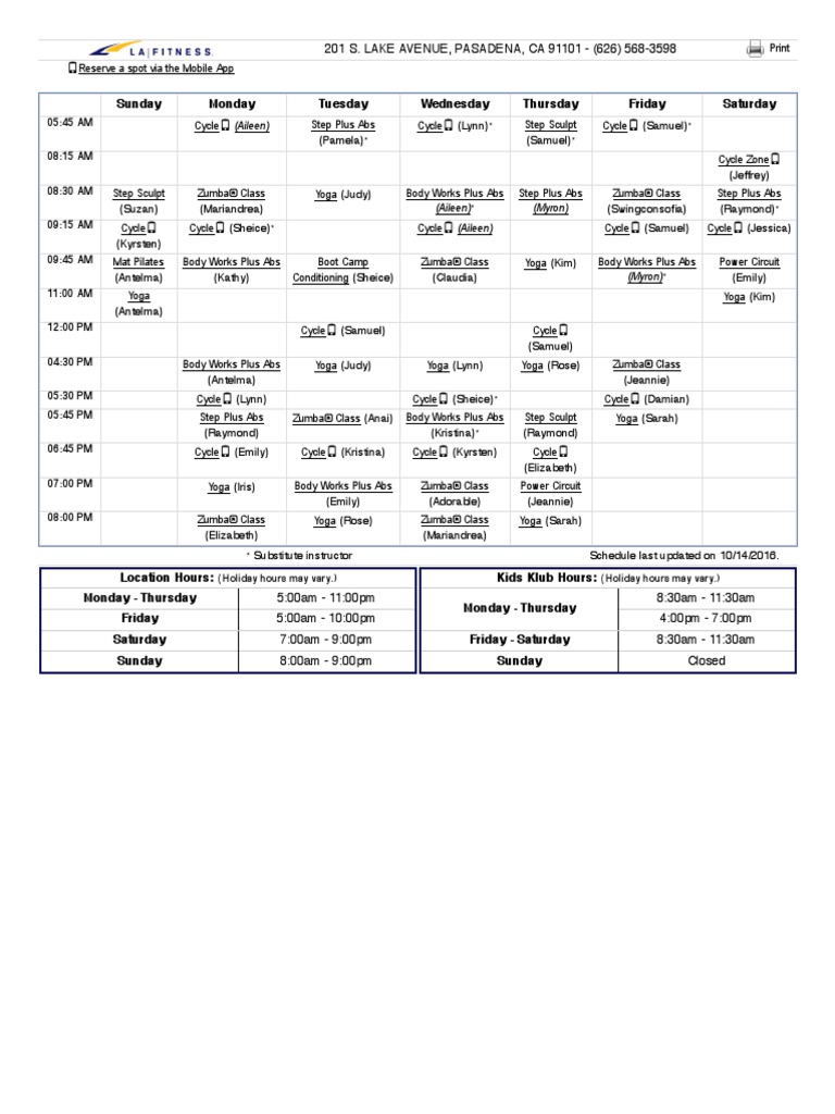 La Fitness Class Schedule (Print Version) Pasadena Lake Ave