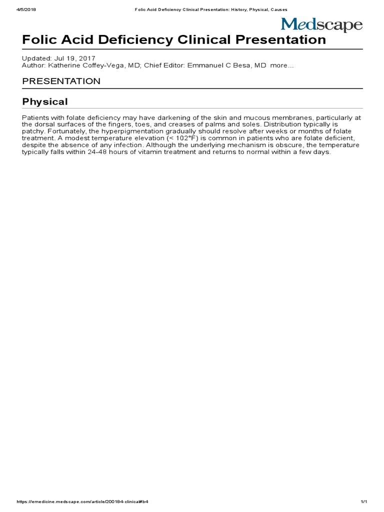 Folic Acid Deficiency Clinical Presentation History, Physical, Causes