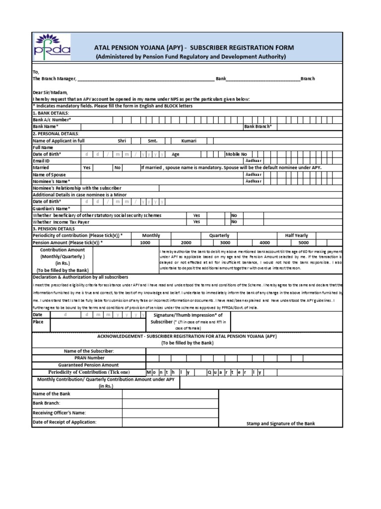 Atal Pension Yojana (Apy) - Subscriber Registration Form | PDF ...