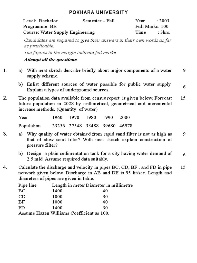 Water Supply Engineering Exam Questions | PDF | Viscosity | Water