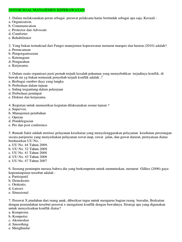 COntoh Soal Manajemen Keperawatan COntoh Soal Manajemen Keperawatan