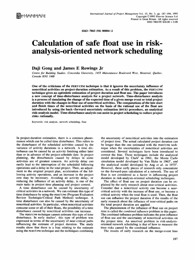 Calculation of Safe Float Use in RiskAnalysisOriented Network