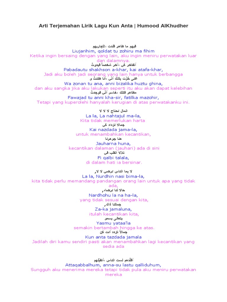 Arti Terjemahan Lirik Lagu Kun Anta Pdf