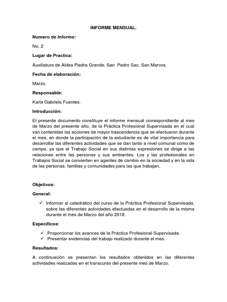Informe Mensual Marzo Informe PDF Trabajo Social Science