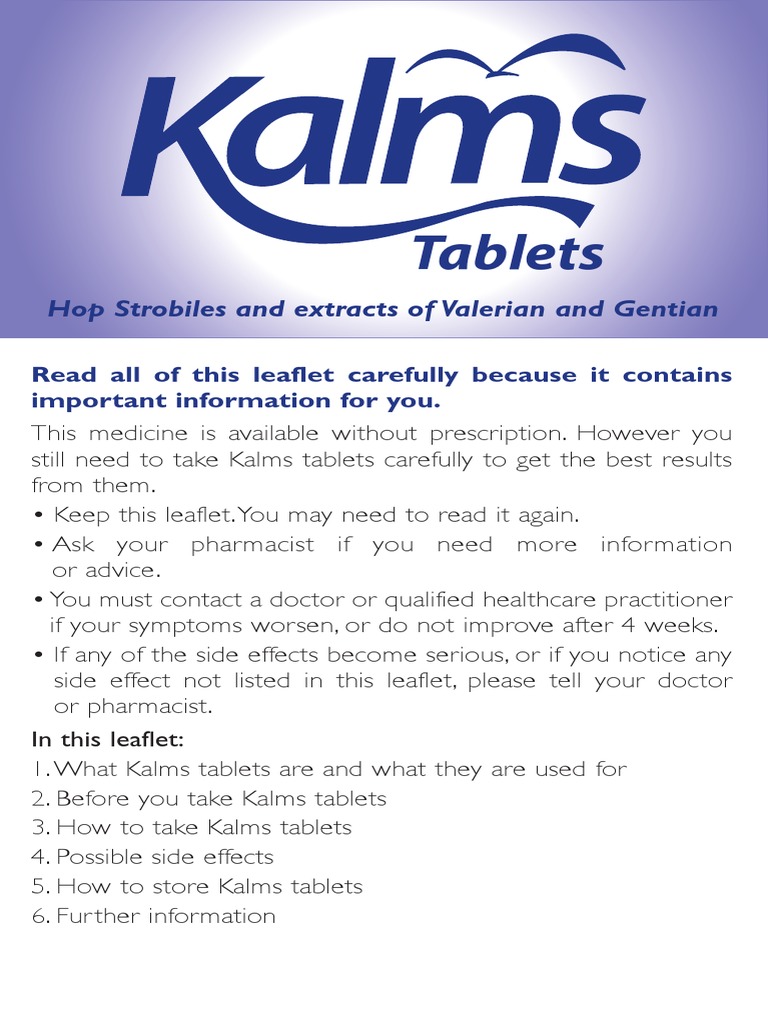 Kalms Tablets PIL 10008432 PDF Tablet (Pharmacy) Dose (Biochemistry)