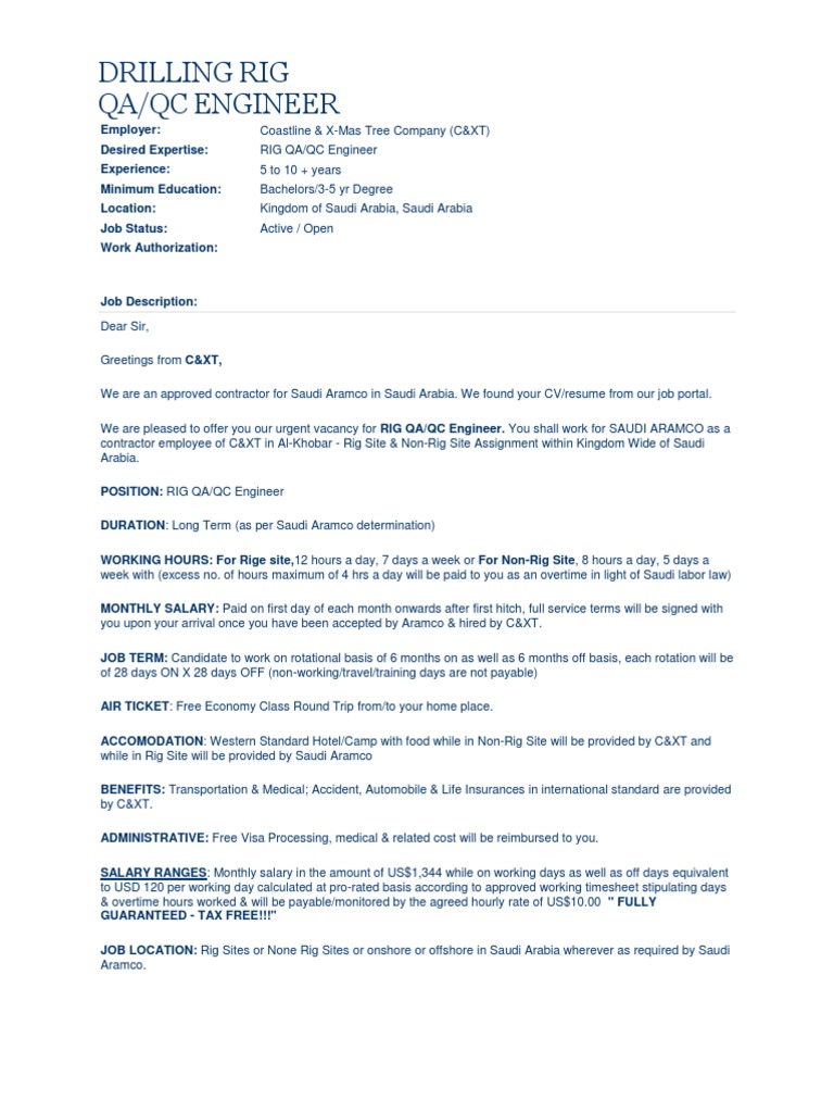 Rig QA/QC Engineer Position in Saudi Arabia | PDF | Quality Assurance ...