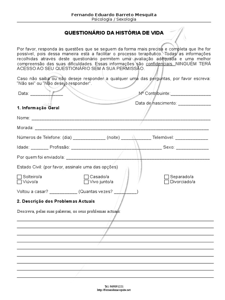 Questionário de História de Vida | PDF | Relação sexual | Amizade