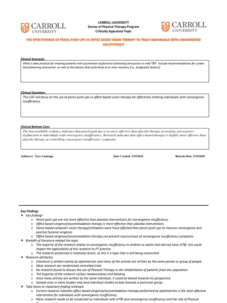 Pencil Push Ups Vs Office Based Vision Therapy PDF Systematic