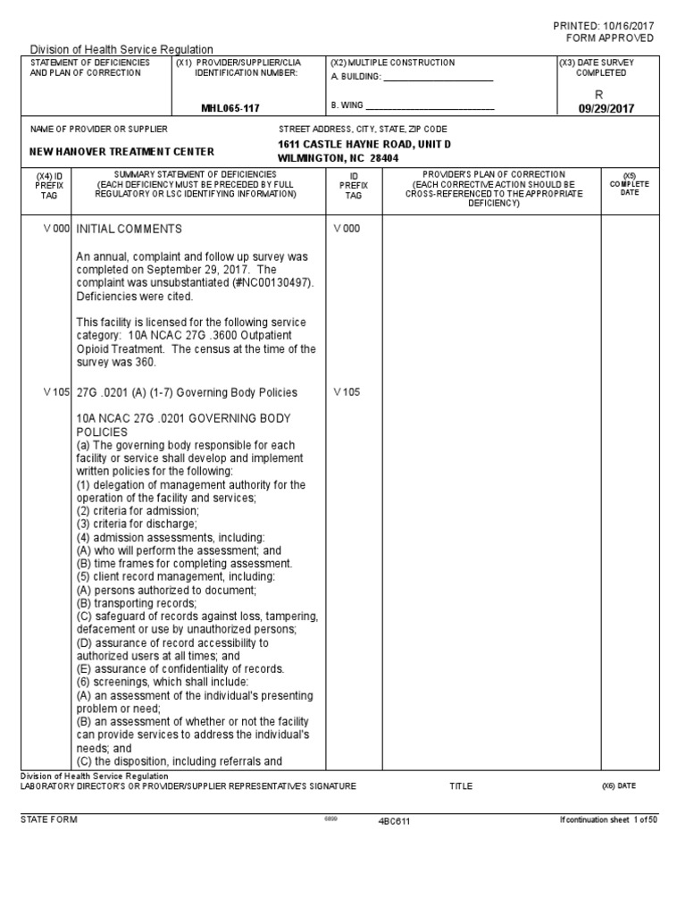 New Hanover Treatment Center - 2017 DHHS Inspection (Redacted) | PDF ...
