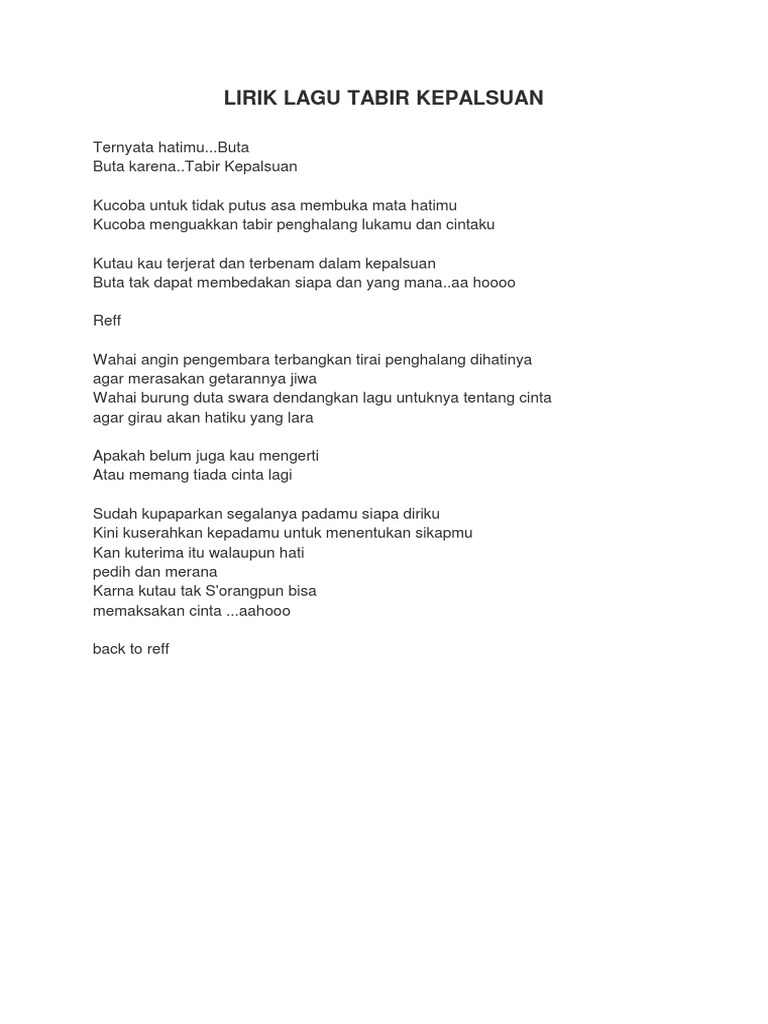 Lirik Lagu Tabir Kepalsuan