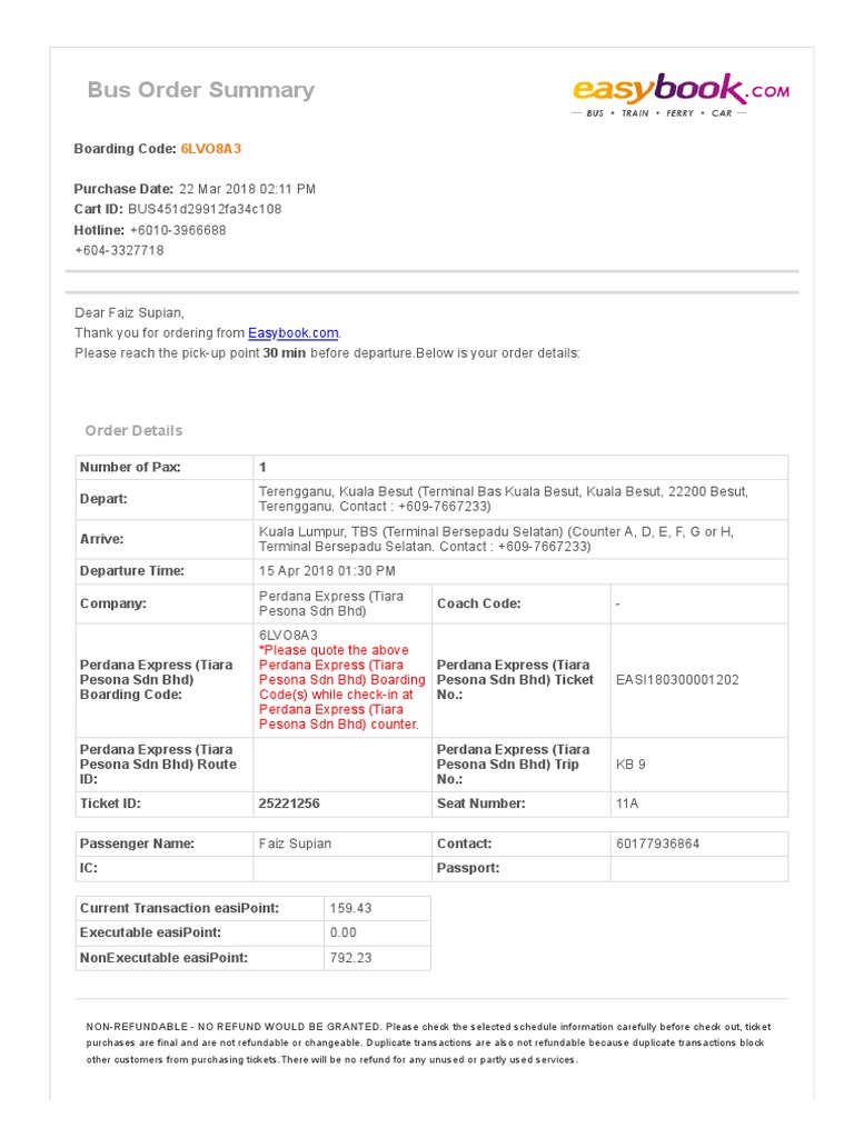 Bus Order Summary: 6LVO8A3 | PDF | Ticket (Admission) | Bus