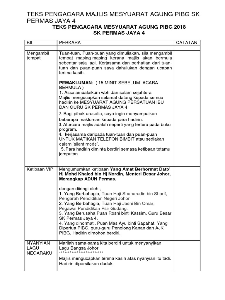 Teks Pengacara Majlis Mesyuarat Agung Pibg 2018 | PDF