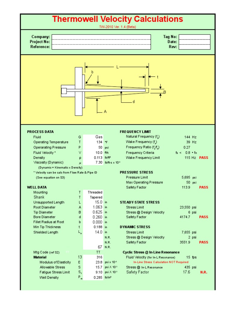Thermowell Velocity Calculations Company Tag No Project No Date