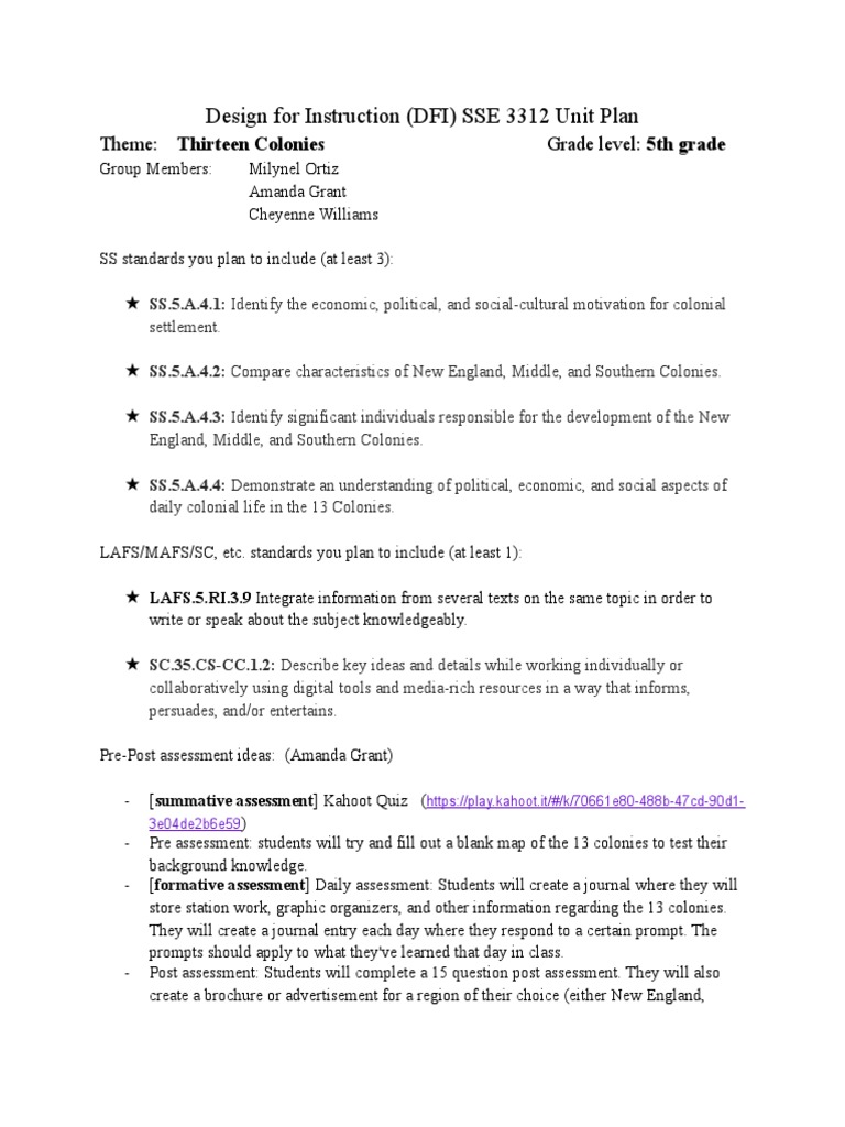Design For Instruction (DFI) SSE 3312 Unit Plan: Theme: Thirteen ...