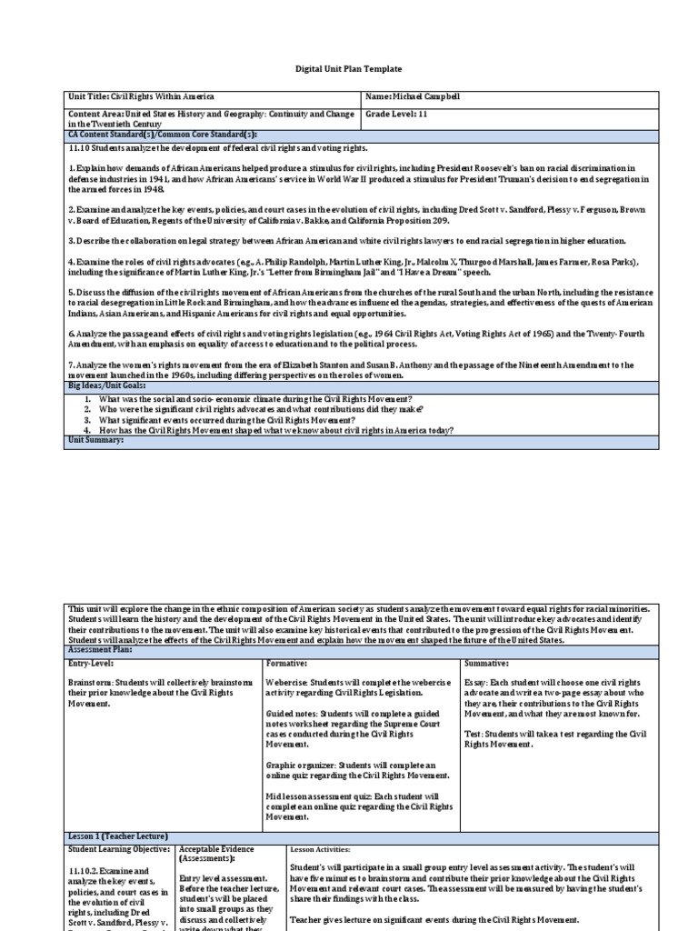 Civil Rights Unit Plan for Grade 11 | PDF | African American Civil ...