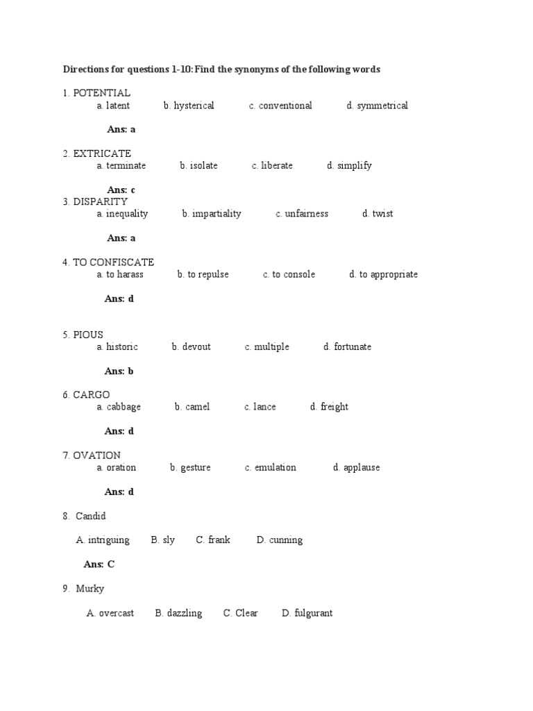 Directions For Questions 110find The Synonyms of The Following Words