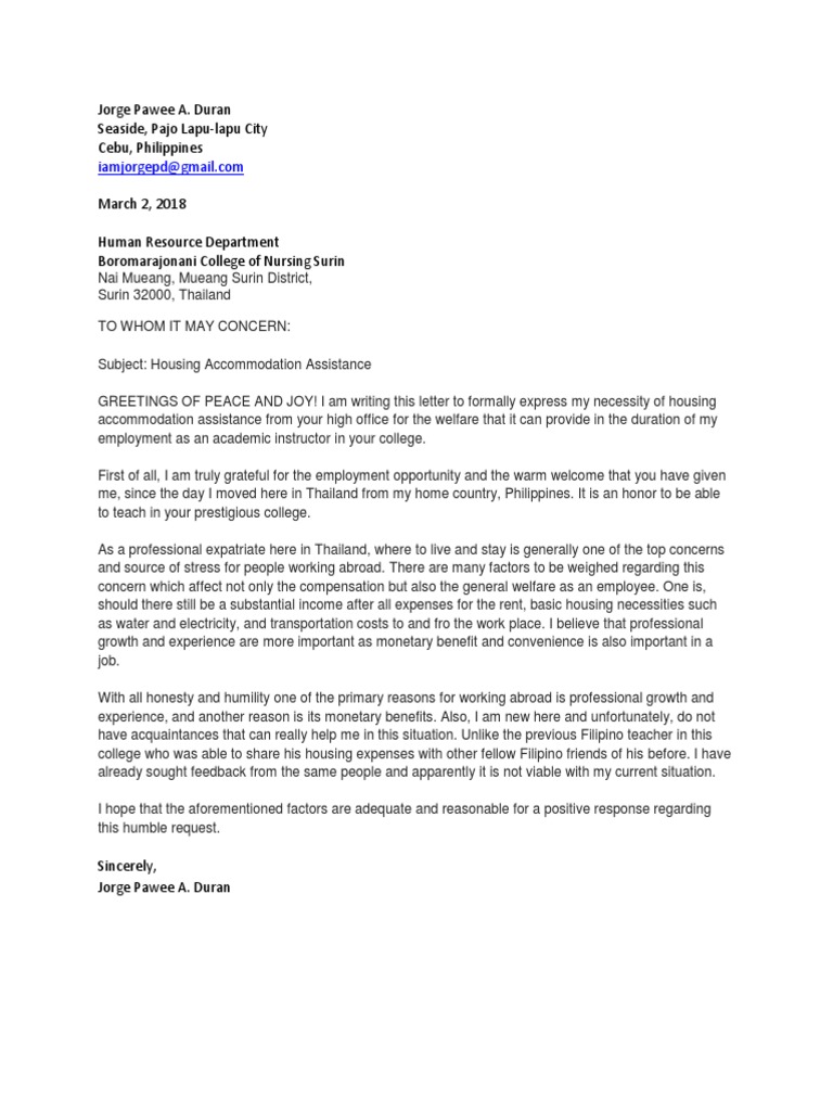 Letter For Housing Assistance  PDF