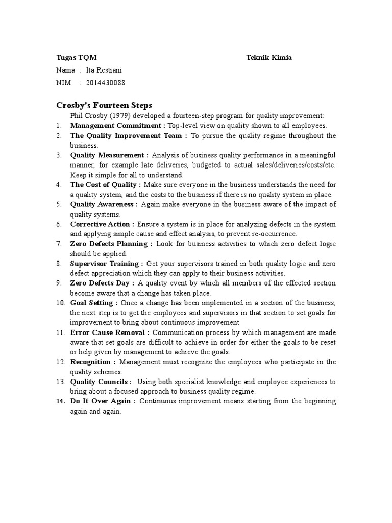 Crosby's Fourteen Steps: Tugas TQM Teknik Kimia | PDF