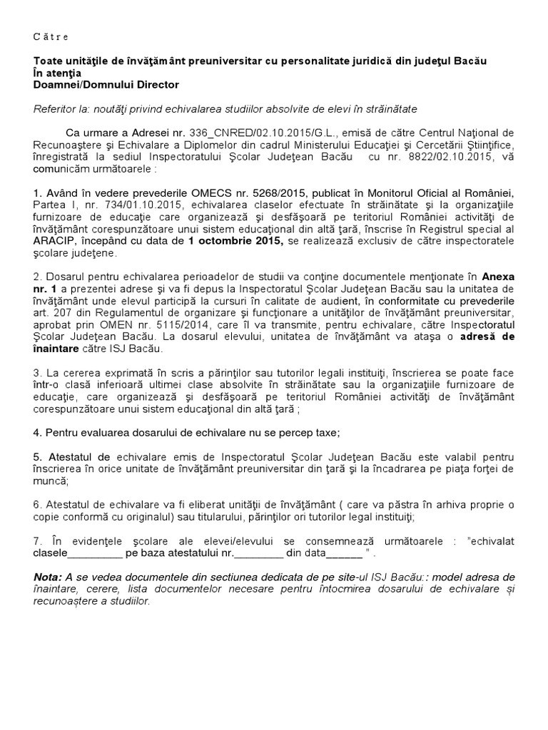 Referitor La NoutÄƒÅ£i Privind Echivalarea Studiilor Absolvite De Elevi In StrÄƒinÄƒtate