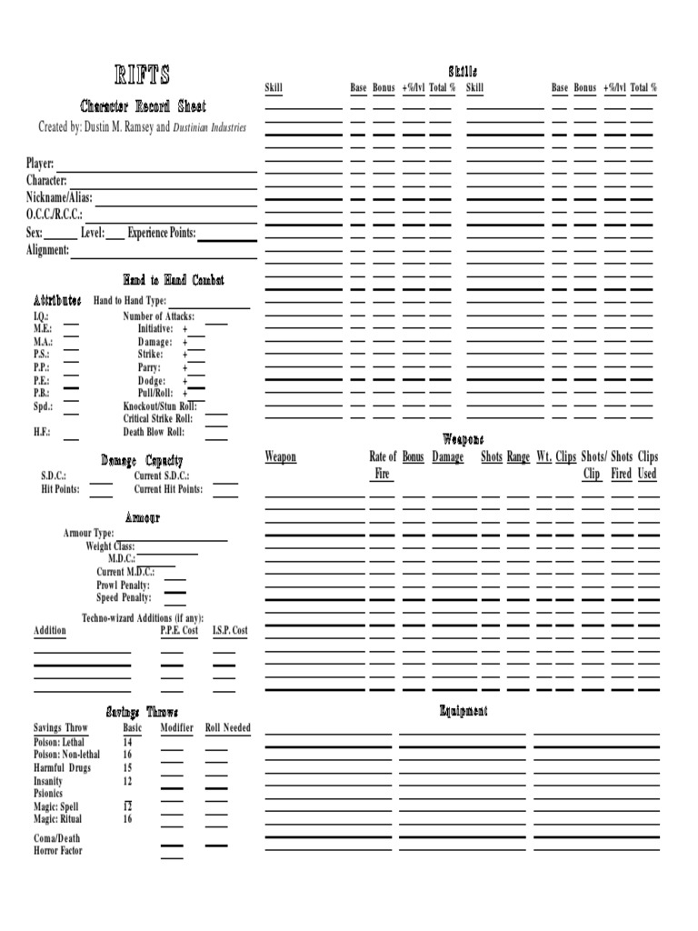 Rifts Character Record Sheet Template | PDF | Role Playing Games | Gaming