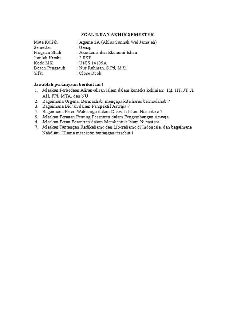 Soal Uas Aswaja 2sks