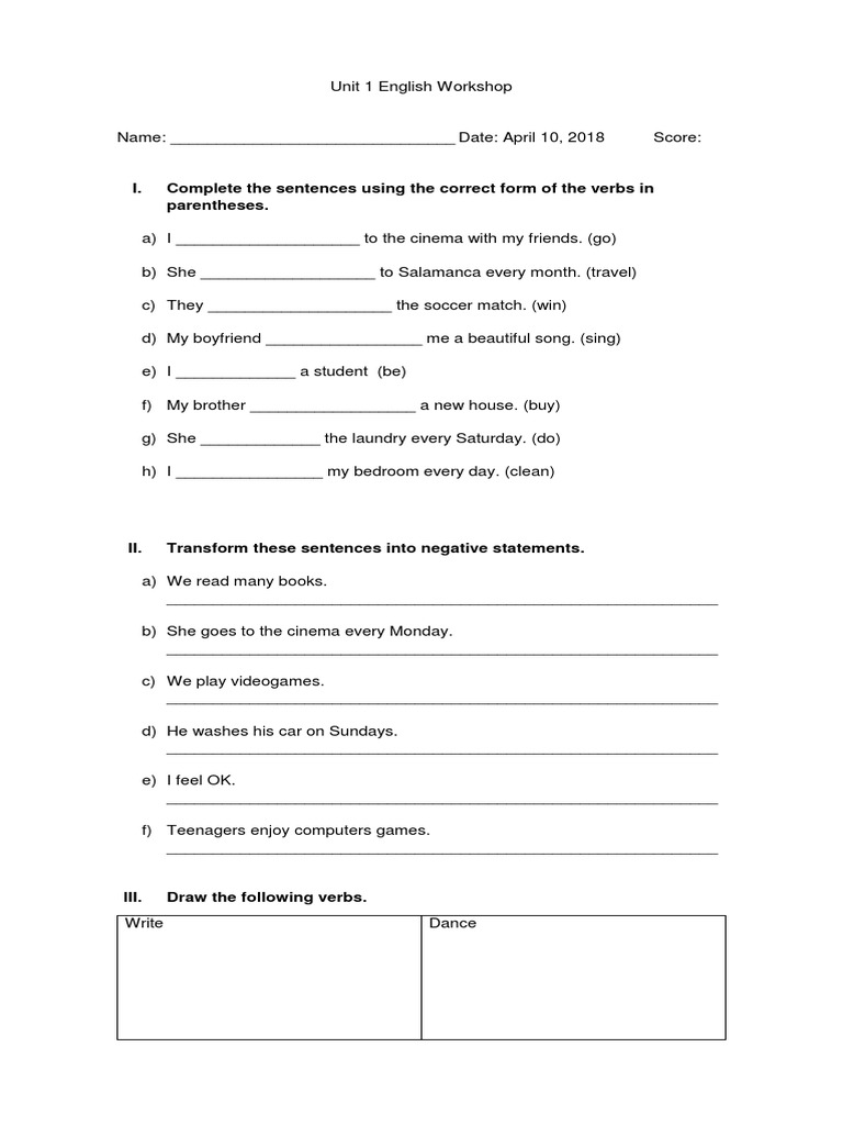 I. Complete The Sentences Using The Correct Form of The Verbs in ...