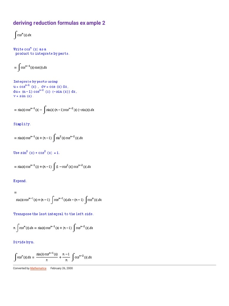 Deriving Reduction Formulas Ex Ample 2: Mathematica | PDF