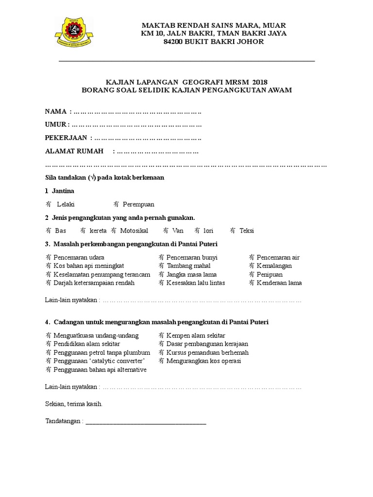 Borang Soal Selidik Geografi Pengangkutan Awam Pdf