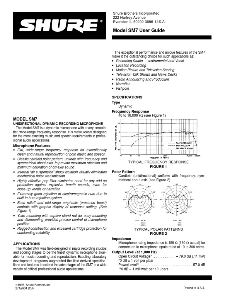 Model Sm7 User Guide Specifications Type Frequency Response Pdf