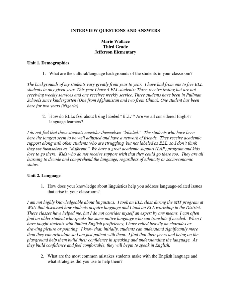 Interview Questions And Answers Marie Wallace Third Grade