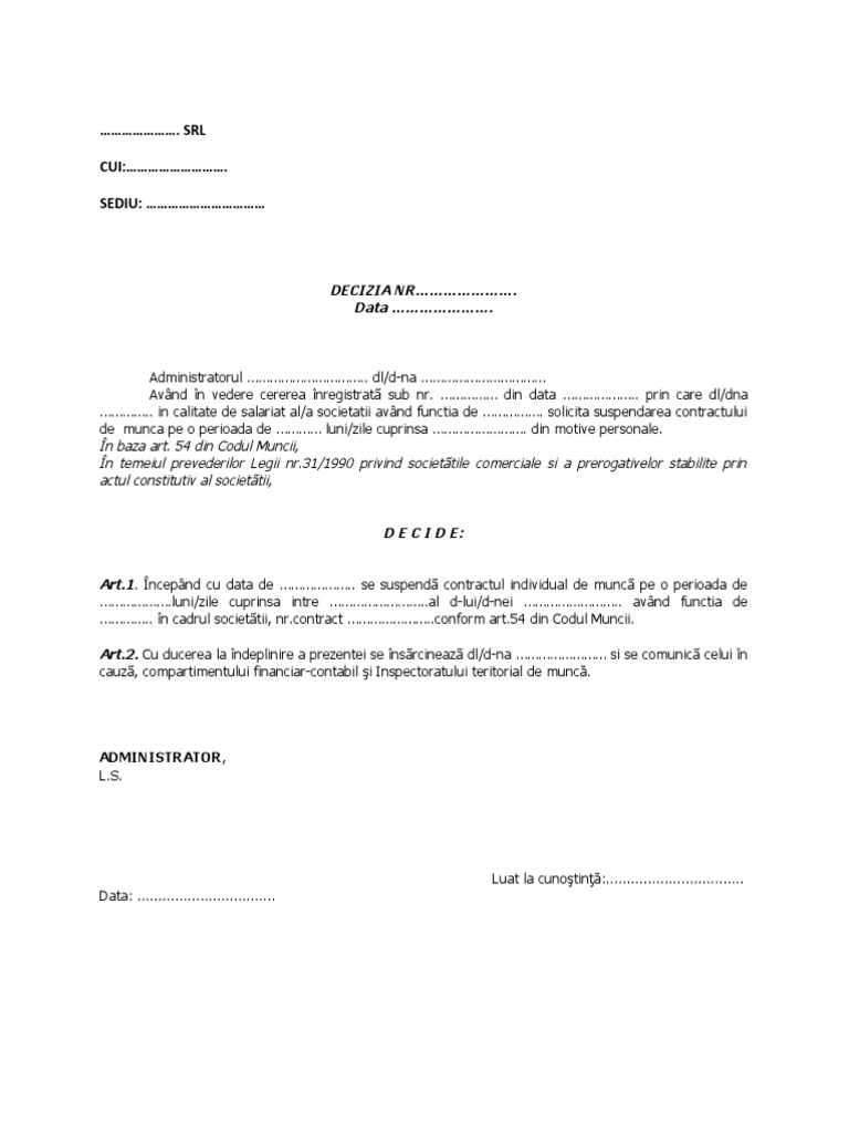 Decizie Suspendare Concediu Fara Plata
