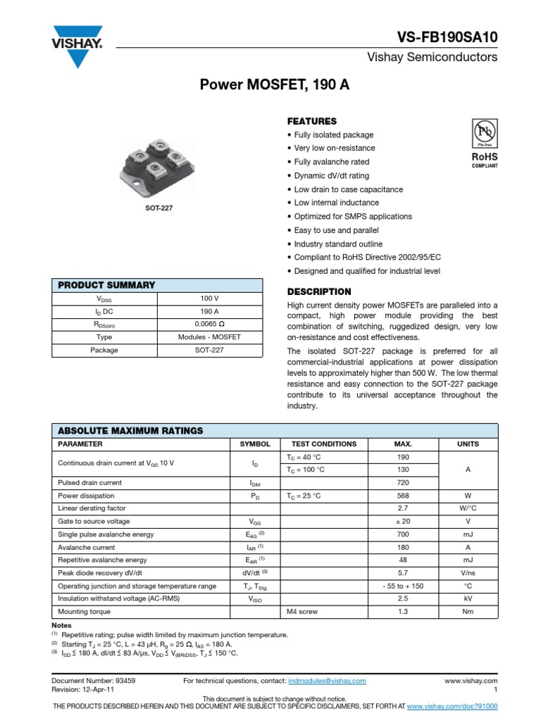 High Power MOSFET Module Datasheet: VS-FB190SA10 190A Power MOSFET