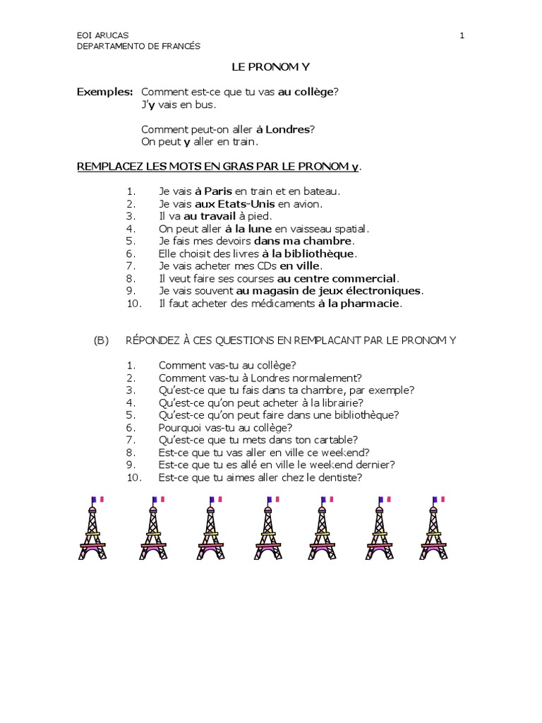 Les Pronoms En Et Y Exercices Corrigés Pdf Exercices Le Pronom y | PDF