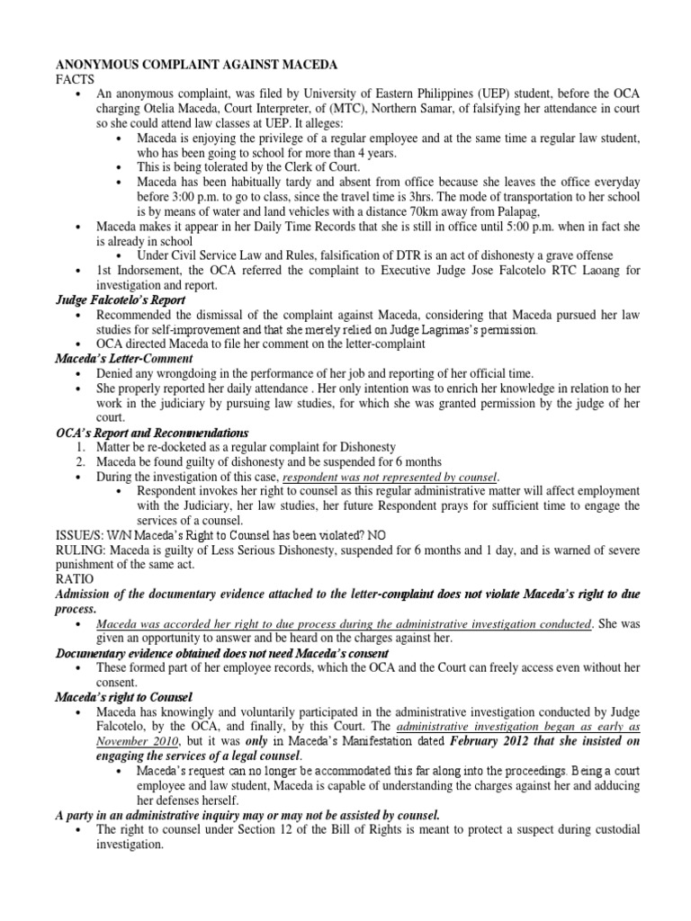 Anonymous Complaint Against Maceda Right To Counsel Complaint