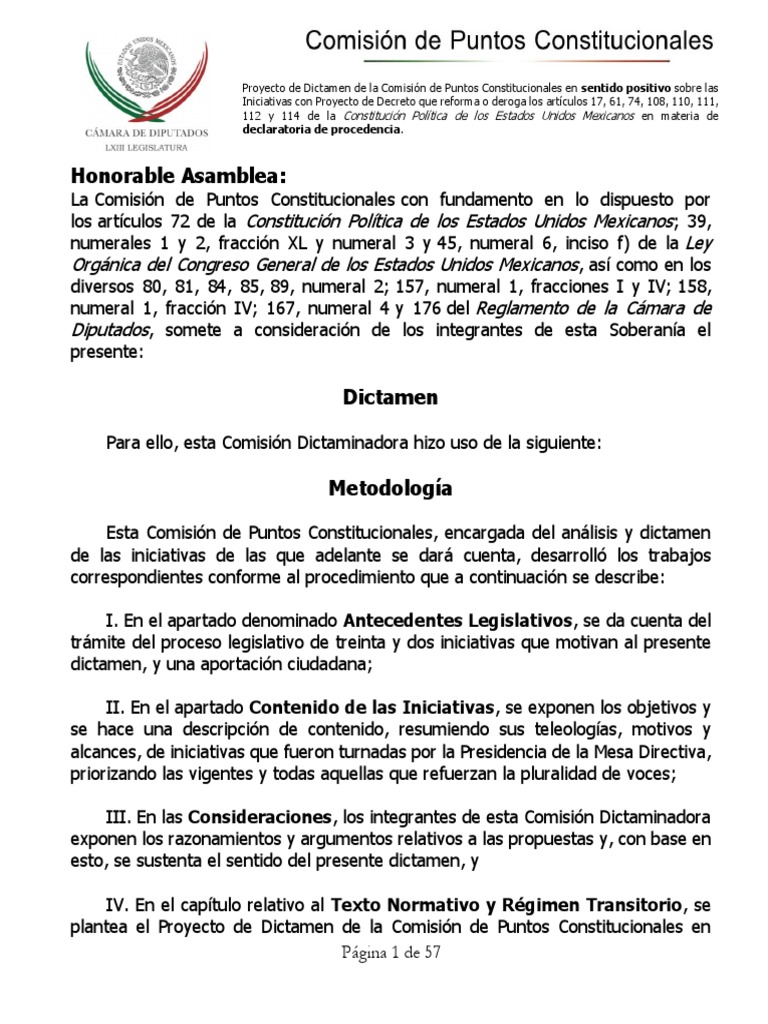 Proyecto de Dictamen Declaratoria de Procedencia | PDF | Constitución