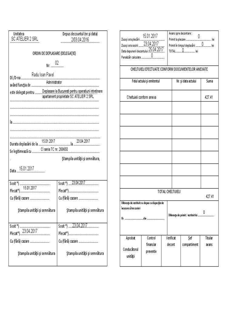 Ordin De Deplasare Atelier2 Aprilie 2017