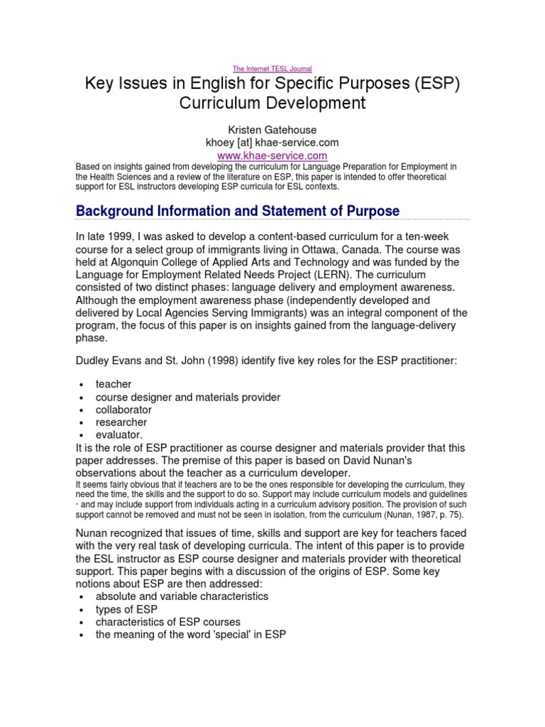 English Specific Purposes Curriculum Development | PDF | English As A ...