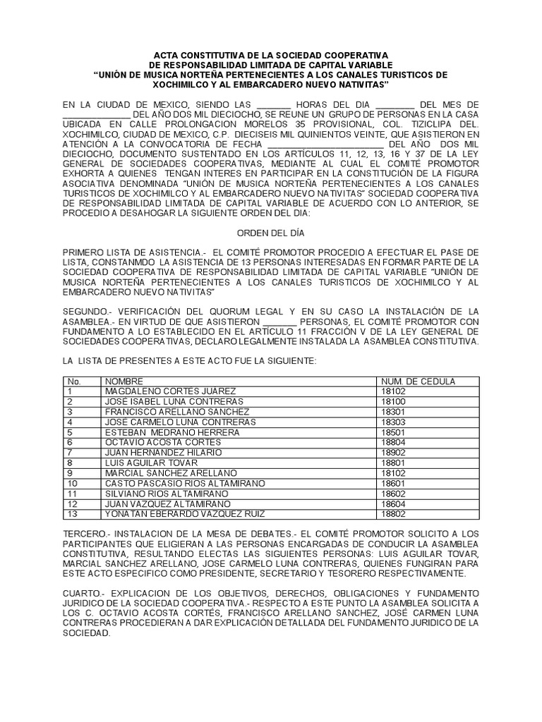 Acta Constitutiva De La Sociedad Cooperativa 2 Cooperativa Sociedad 
