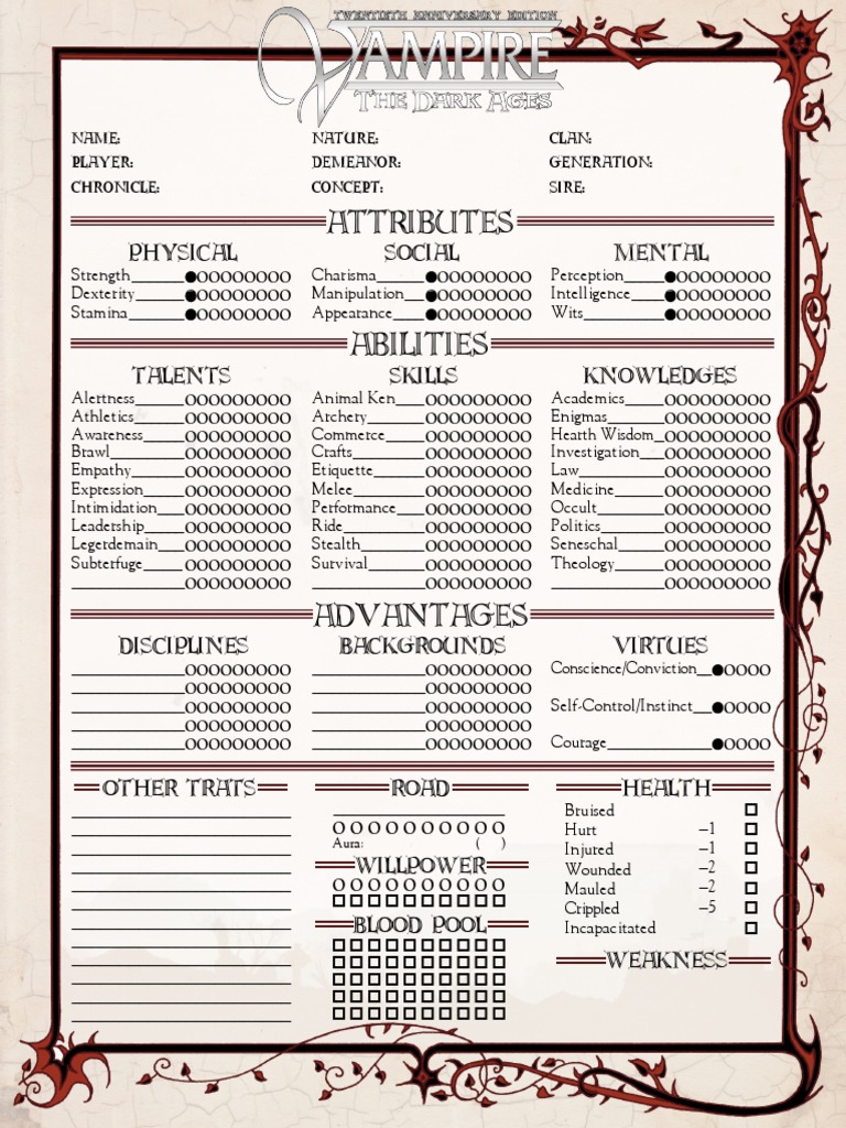 V20 Character Sheet Template | PDF | Sports & Recreation | Games ...