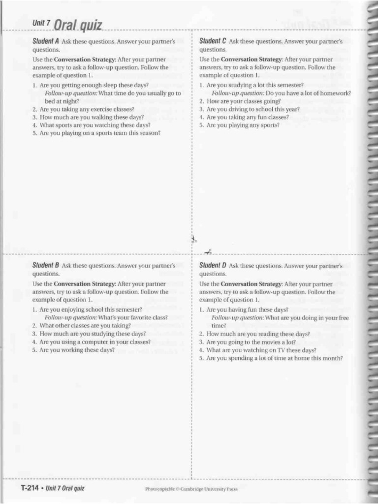 Level 1 Unit 7 Oral Test | PDF