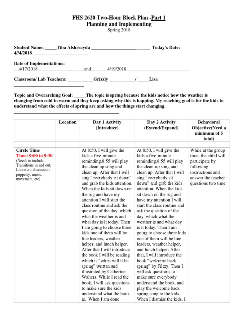 Fhs 2620 Two Hour Block Plan Part 1 Spring 2018 3 | PDF | Nature