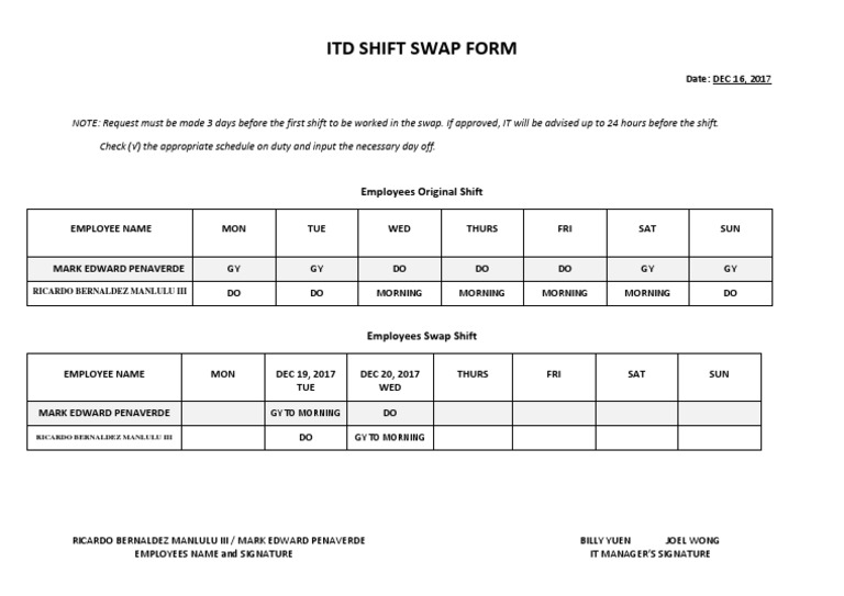 Employee Shift Swap Request Form | PDF