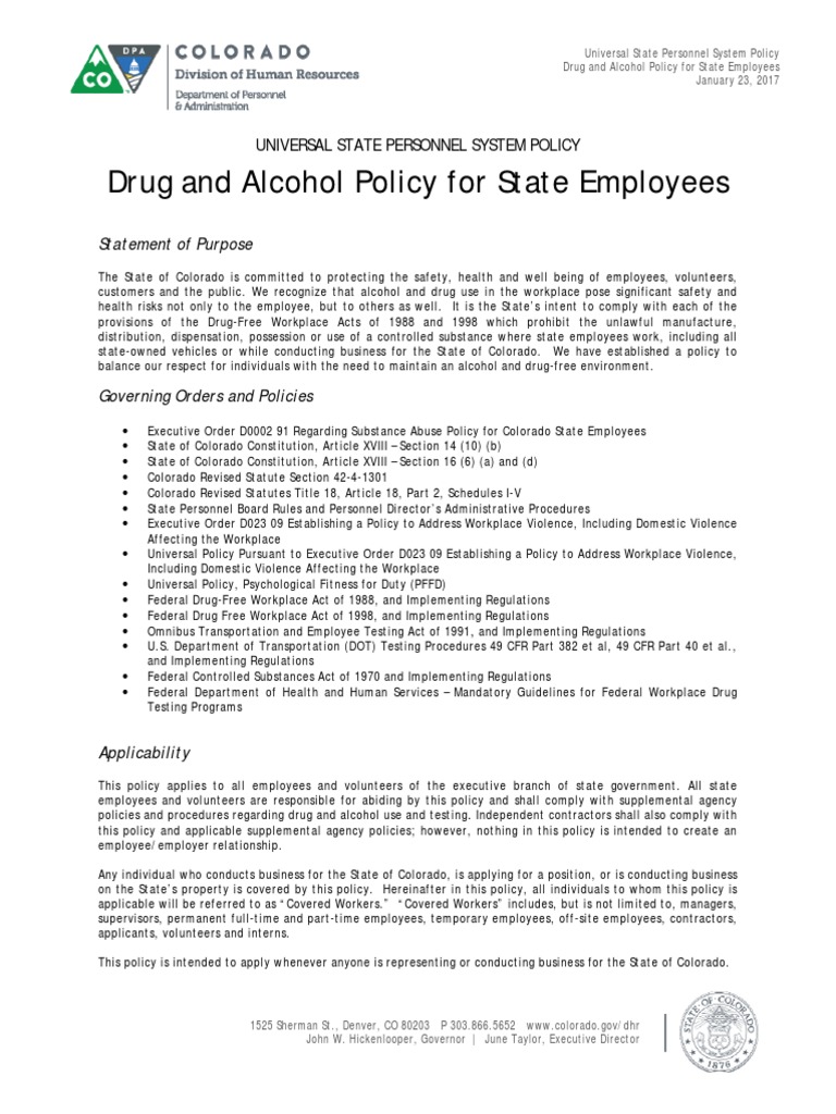 Universal Policy Drug and Alcohol Policy For State of Colorado