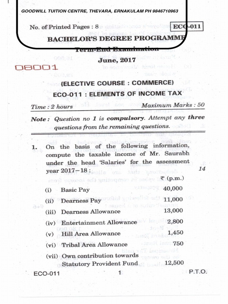 IGNOU Elements of Tax Question Paper Free Download June