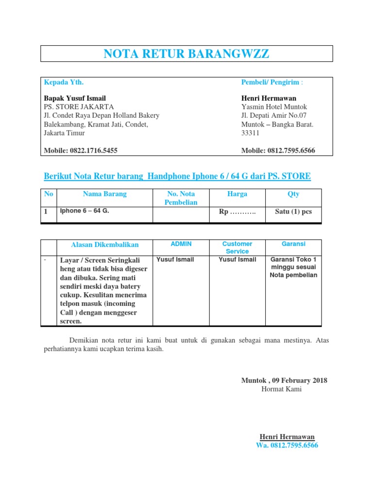 Nota Retur Handphone iPhone 6 | PDF